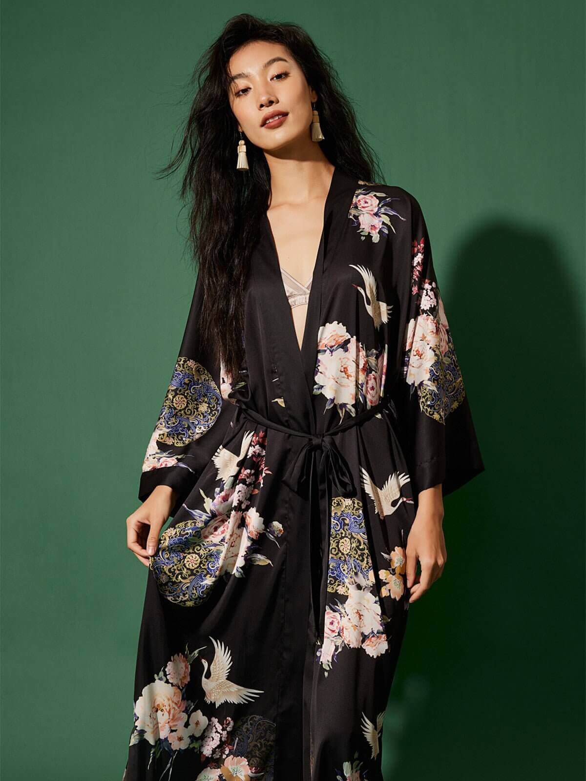 Ulivary Garden Crane Black Kimono Robe