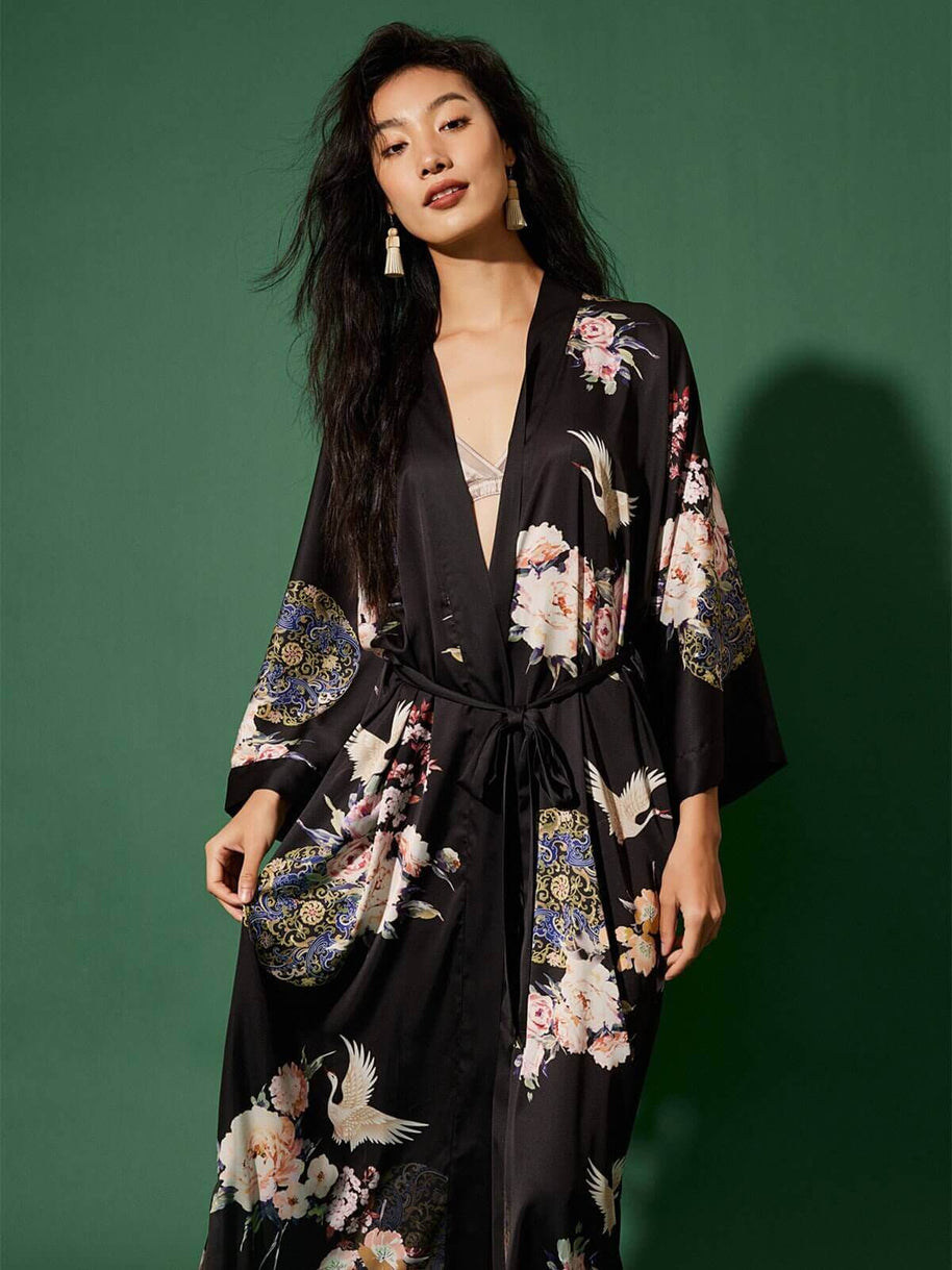 Ulivary Garden Crane Black Kimono Robe