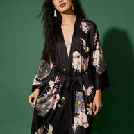 Ulivary Garden Crane Black Kimono Robe