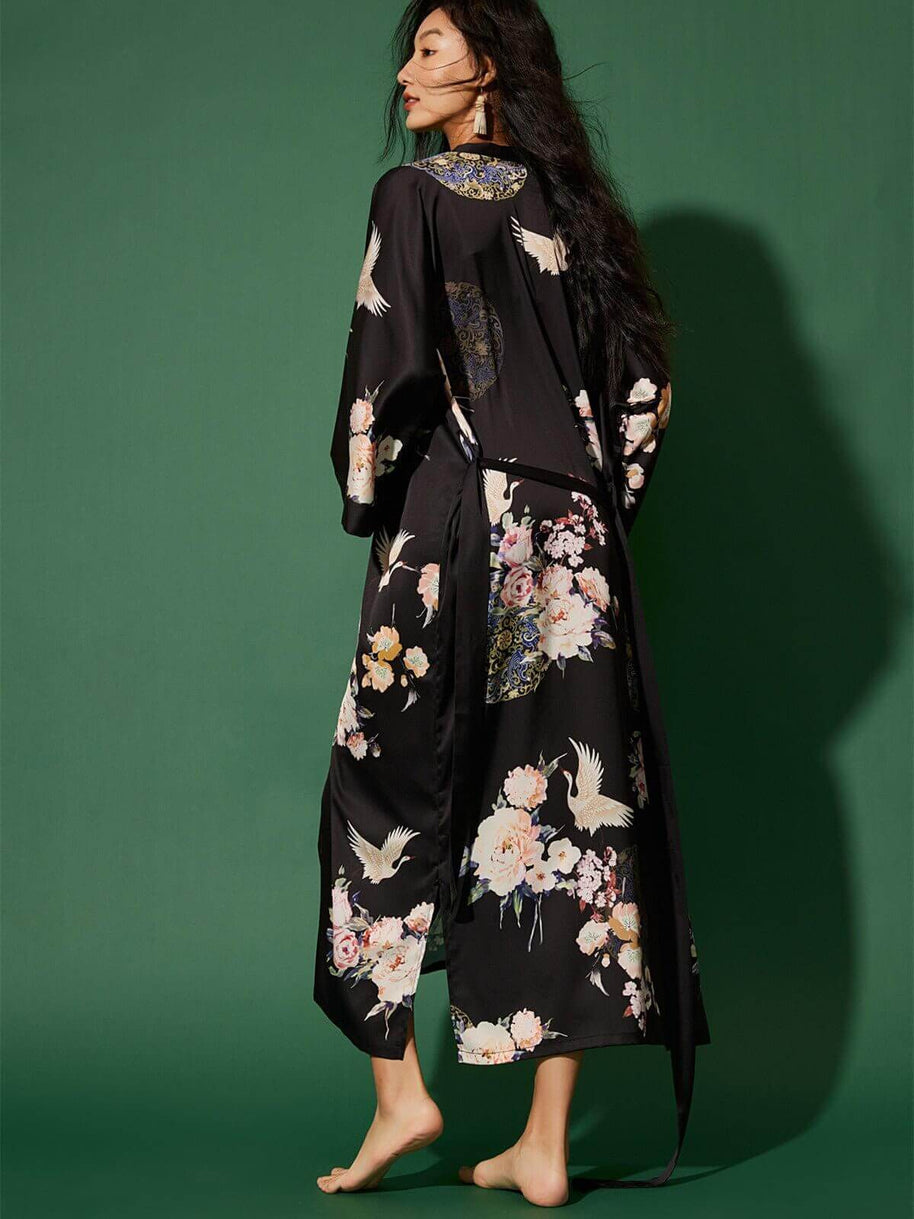 Ulivary Garden Crane Black Kimono Robe