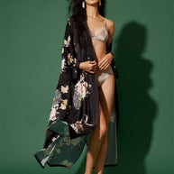 Ulivary Garden Crane Black Kimono Robe