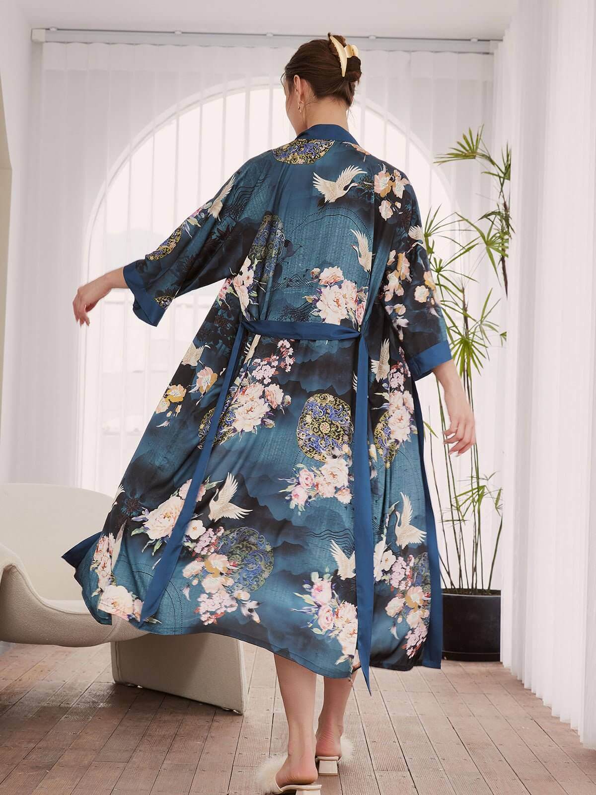 Ulivary Garden Crane Blue Kimono Robe