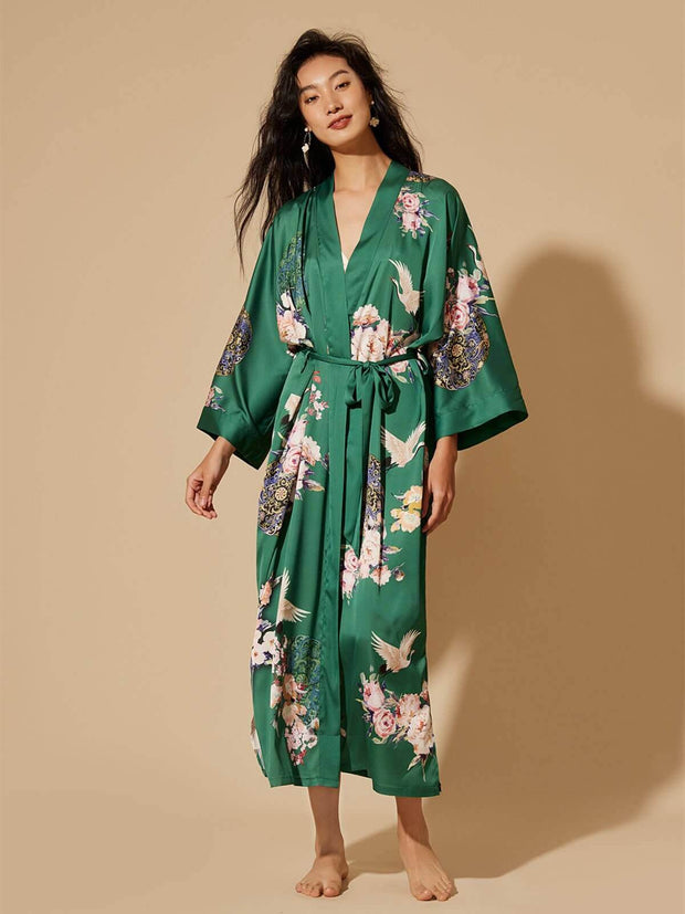 Ulivary Garden Crane Green Kimono Robe