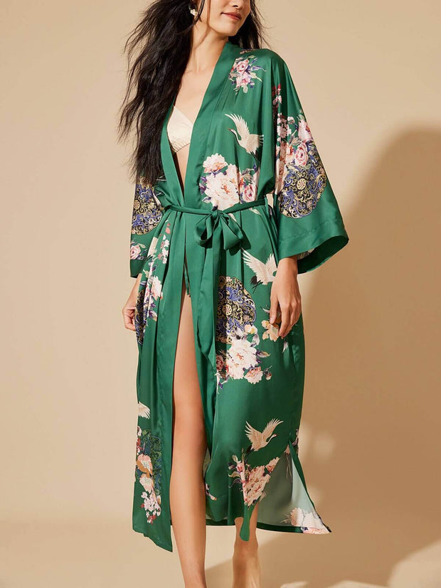 Ulivary Garden Crane Green Kimono Robe