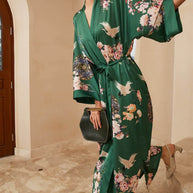 Ulivary Garden Crane Green Kimono Robe