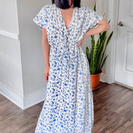 Reistor Gathered Maxi Dress in Blue Florals
