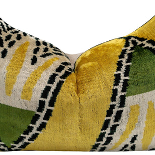 Handmade Gold Green Geometric Design Throw Pillow - 16x24 Inch, Vegetable Dyed With Premium Down Feather Insert