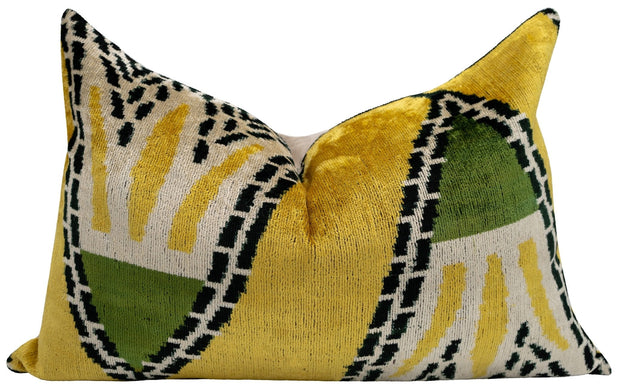 Handmade Gold Green Geometric Design Throw Pillow - 16x24 Inch, Vegetable Dyed With Premium Down Feather Insert