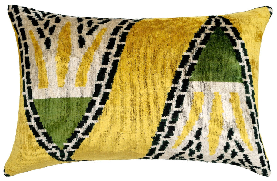 Handmade Gold Green Geometric Design Throw Pillow - 16x24 Inch, Vegetable Dyed With Premium Down Feather Insert
