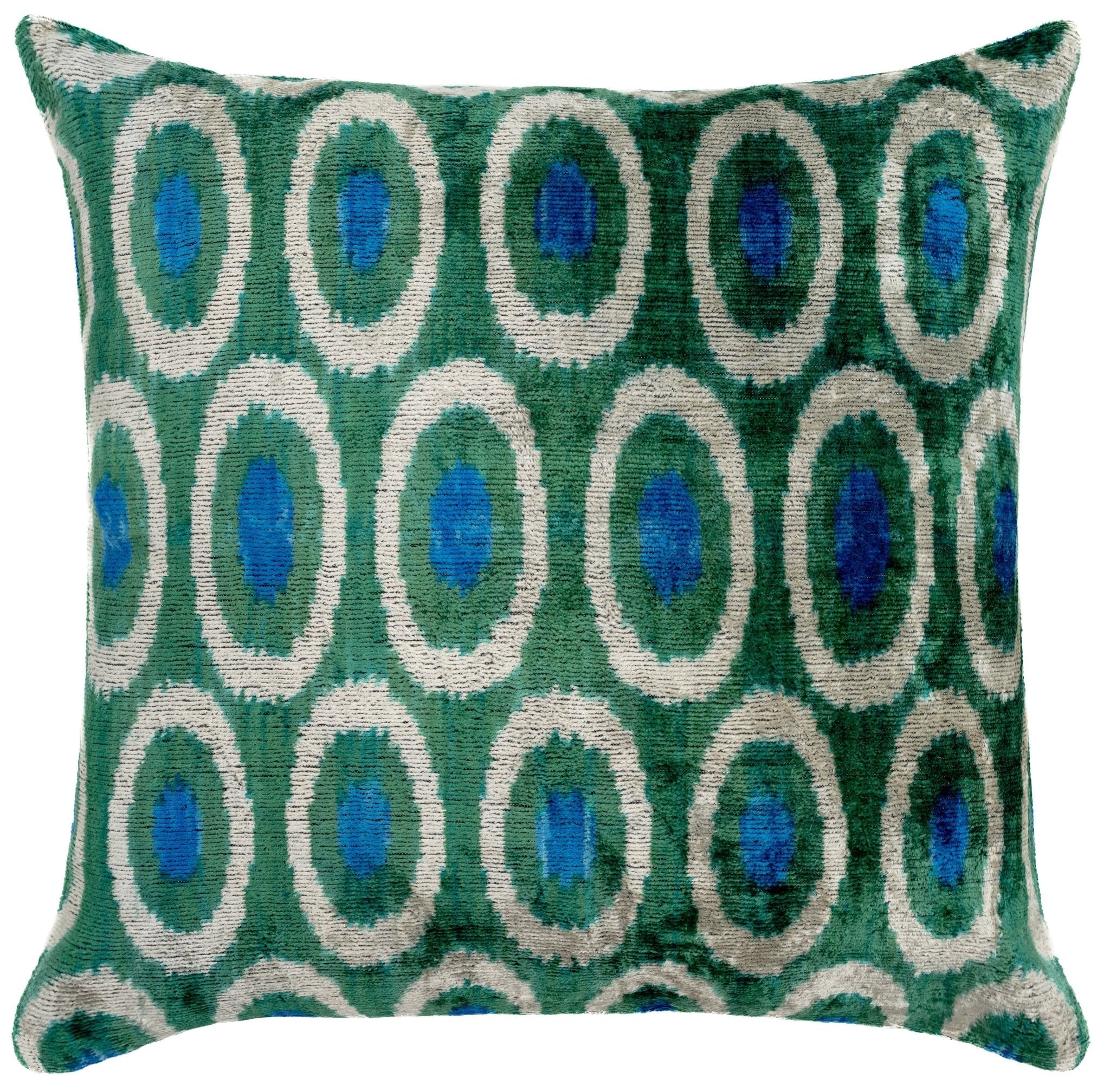 Handmade Green And Blue Circle Design Throw Pillow - 16x16 Inch, Silk Velvet, Vegetable Dyed With Premium Down Feather Insert