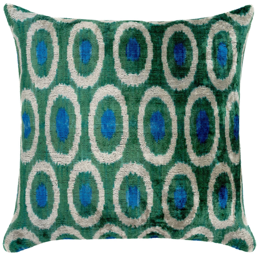 Handmade Green And Blue Circle Design Throw Pillow - 16x16 Inch, Silk Velvet, Vegetable Dyed With Premium Down Feather Insert