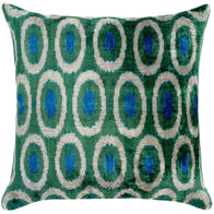 Handmade Green And Blue Circle Design Throw Pillow - 16x16 Inch, Silk Velvet, Vegetable Dyed With Premium Down Feather Insert