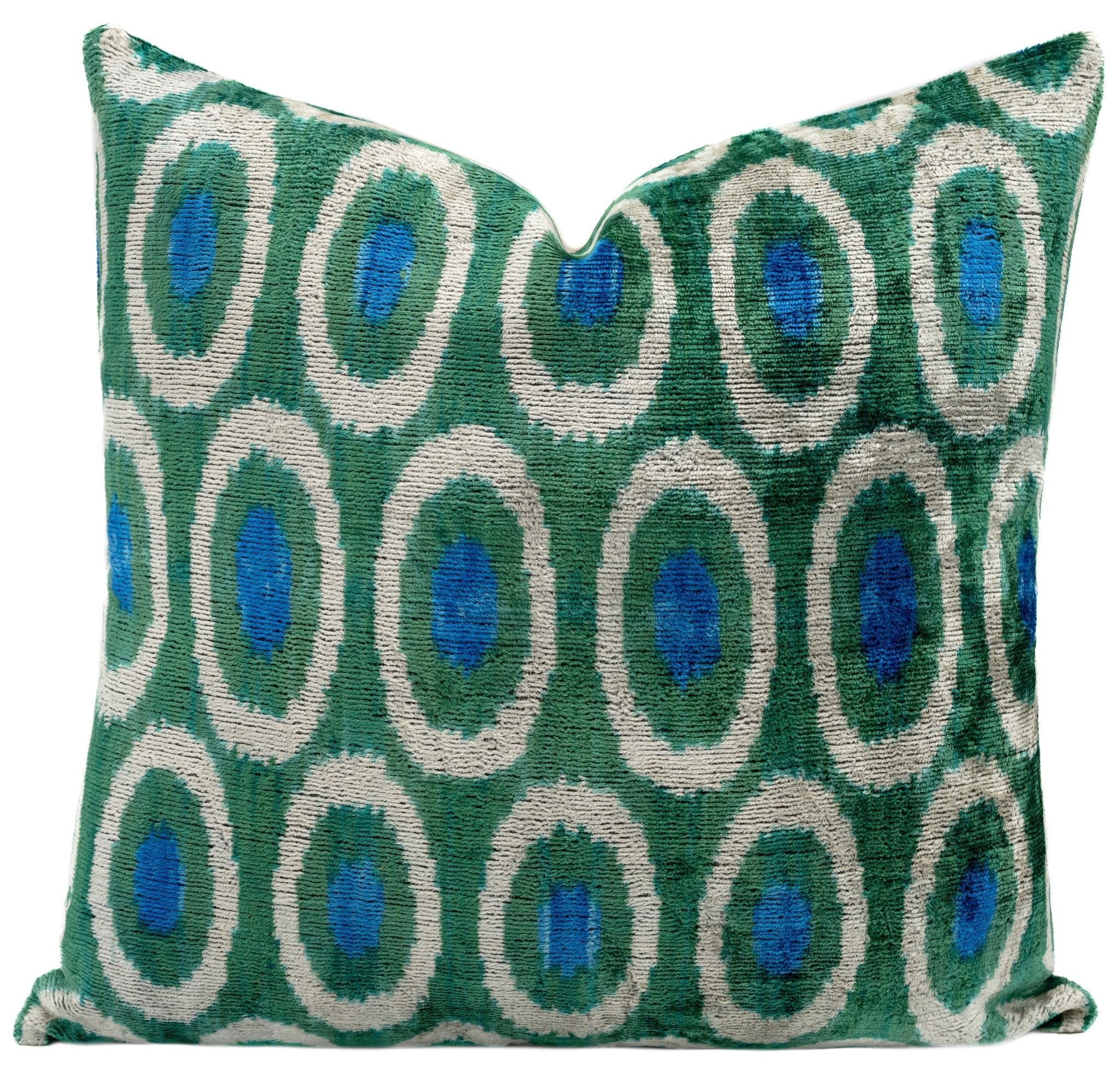 Handmade Green And Blue Circle Design Throw Pillow - 16x16 Inch, Silk Velvet, Vegetable Dyed With Premium Down Feather Insert