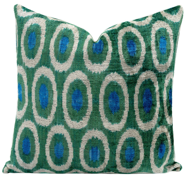 Handmade Green And Blue Circle Design Throw Pillow - 16x16 Inch, Silk Velvet, Vegetable Dyed With Premium Down Feather Insert