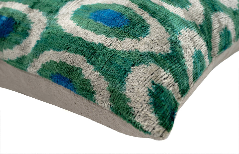 Handmade Green And Blue Circle Design Throw Pillow - 16x16 Inch, Silk Velvet, Vegetable Dyed With Premium Down Feather Insert