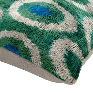 Handmade Green And Blue Circle Design Throw Pillow - 16x24 Inch, Silk Velvet, Vegetable Dyed With Premium Down Feather Insert