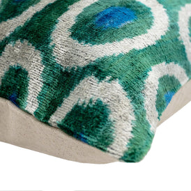 Handmade Green And Blue Circle Design Throw Pillow - 16x24 Inch, Silk Velvet, Vegetable Dyed With Premium Down Feather Insert