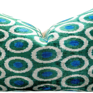 Handmade Green And Blue Circle Design Throw Pillow - 16x24 Inch, Silk Velvet, Vegetable Dyed With Premium Down Feather Insert