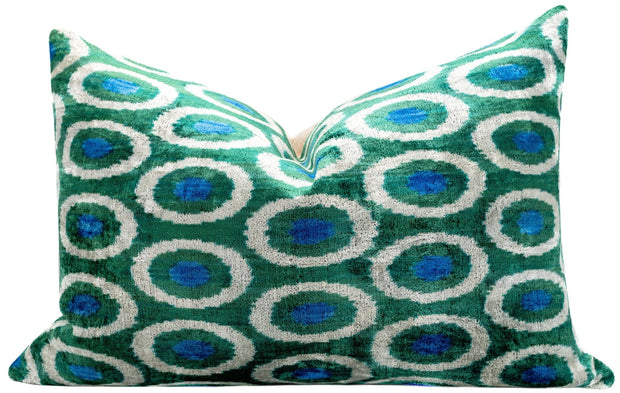 Handmade Green And Blue Circle Design Throw Pillow - 16x24 Inch, Silk Velvet, Vegetable Dyed With Premium Down Feather Insert