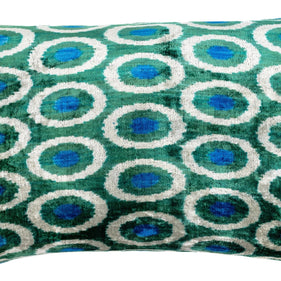 Handmade Green And Blue Circle Design Throw Pillow - 16x24 Inch, Silk Velvet, Vegetable Dyed With Premium Down Feather Insert