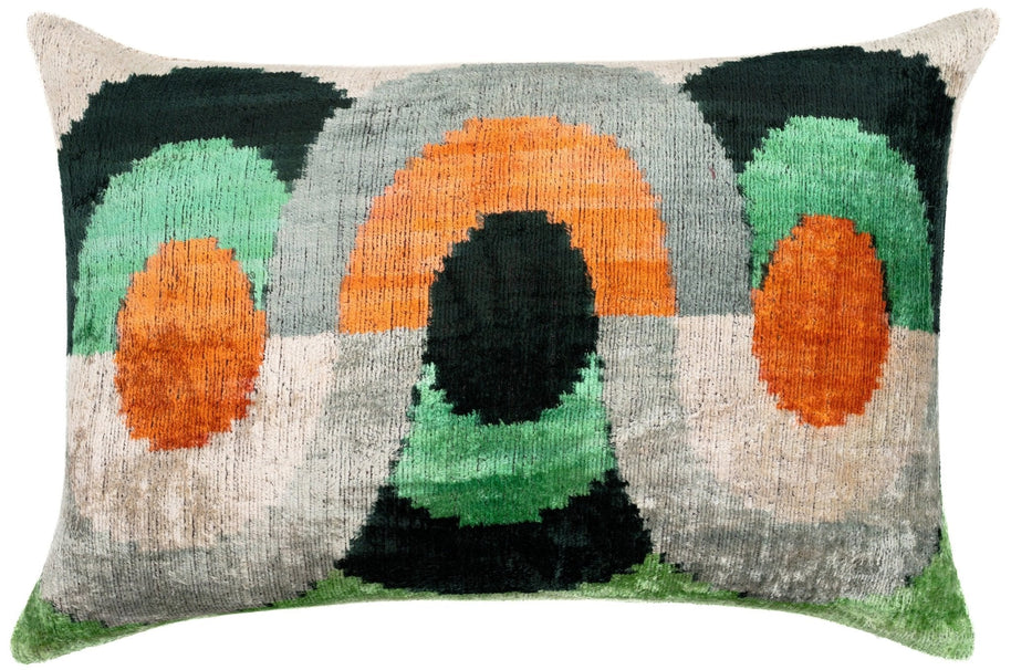 Handmade Orange Black Green Abstract Design Throw Pillow - 16x24 Inch, Silk Velvet, Vegetable Dyed With Premium Down Feather Insert