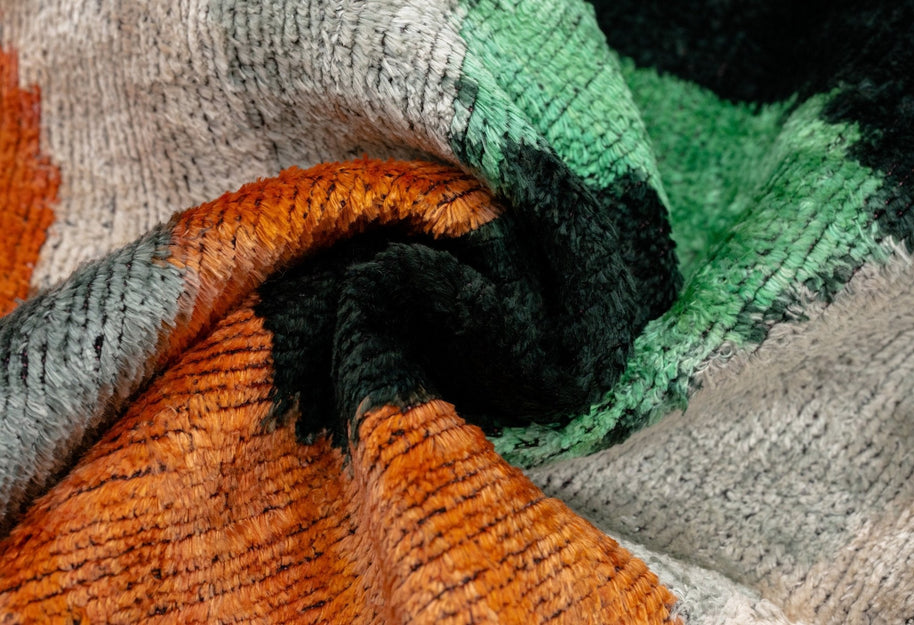 Handmade Orange Black Green Abstract Design Throw Pillow - 16x24 Inch, Silk Velvet, Vegetable Dyed With Premium Down Feather Insert