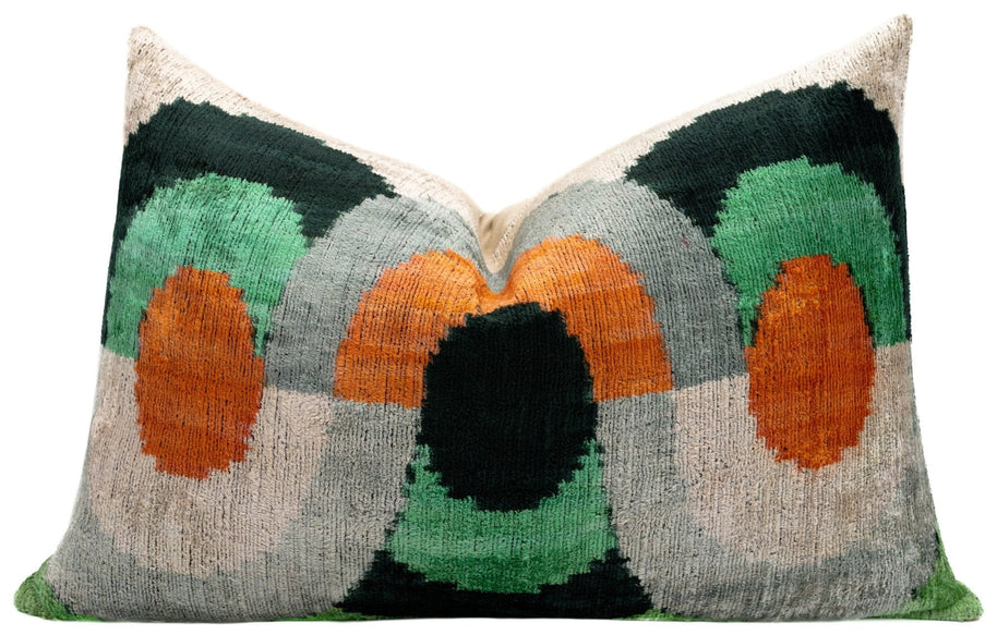 Handmade Orange Black Green Abstract Design Throw Pillow - 16x24 Inch, Silk Velvet, Vegetable Dyed With Premium Down Feather Insert