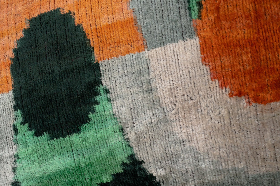 Handmade Orange Black Green Abstract Design Throw Pillow - 16x24 Inch, Silk Velvet, Vegetable Dyed With Premium Down Feather Insert