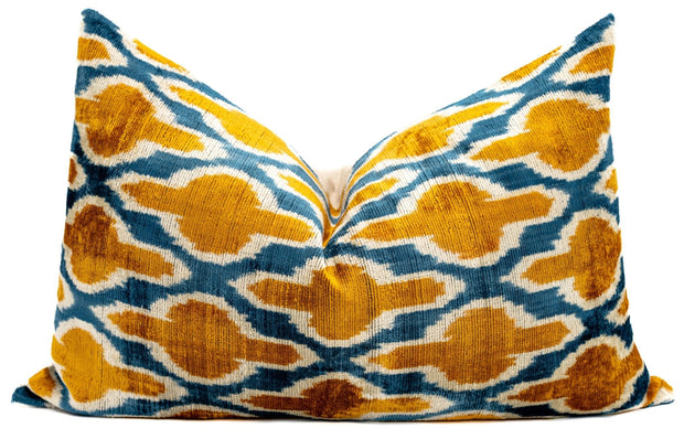 Handmade Throw Pillow Cover & Feather Insert | Gold Blue Geometric | Soft Throw Pillow| Luxury Decorative For Couch | 16 X 24 In