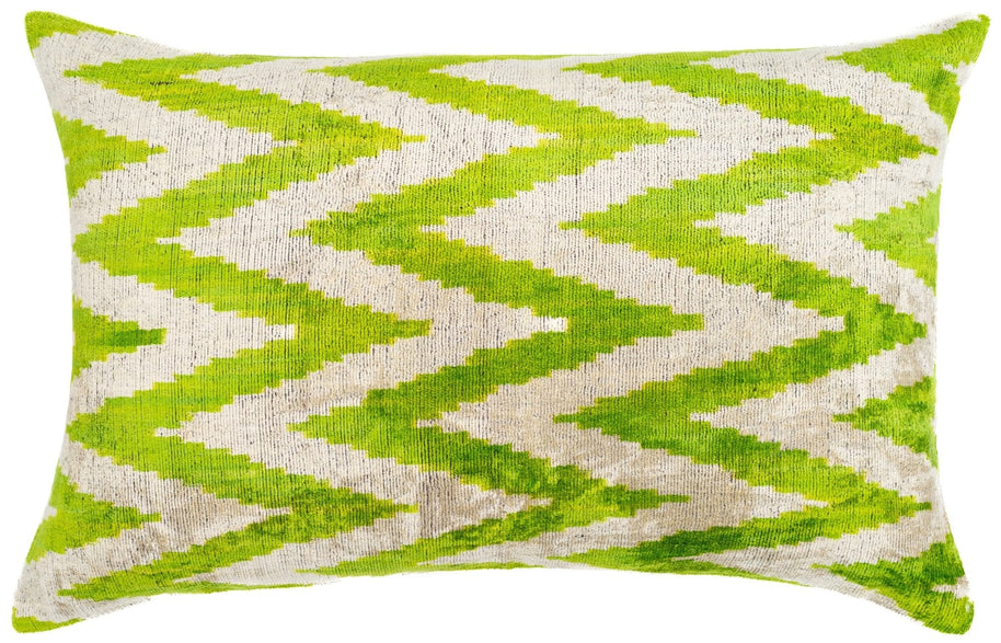Handmade Throw Pillow Cover & Feather Insert | Zigzag Green Ivory | Soft Throw Pillow| Luxury Decorative For Couch | 16 X 24 In