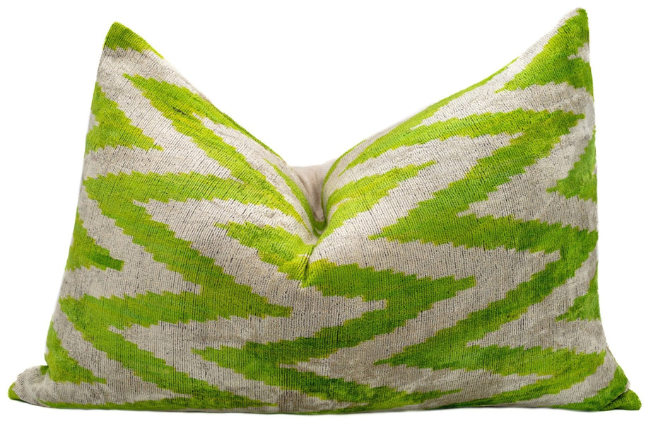Handmade Throw Pillow Cover & Feather Insert | Zigzag Green Ivory | Soft Throw Pillow| Luxury Decorative For Couch | 16 X 24 In