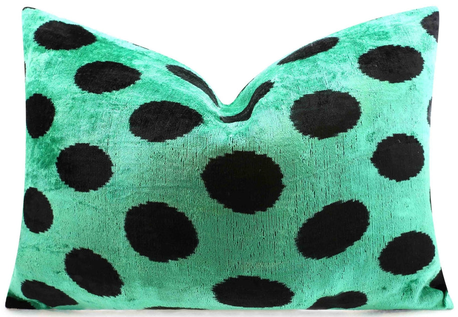 Handmade Velvet Lumbar Pillow In Green And Black Polka Dot Design - High-Quality 16x24 Inch Decorative Accent With Premium Down Feather Insert