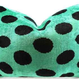 Handmade Velvet Lumbar Pillow In Green And Black Polka Dot Design - High-Quality 16x24 Inch Decorative Accent With Premium Down Feather Insert