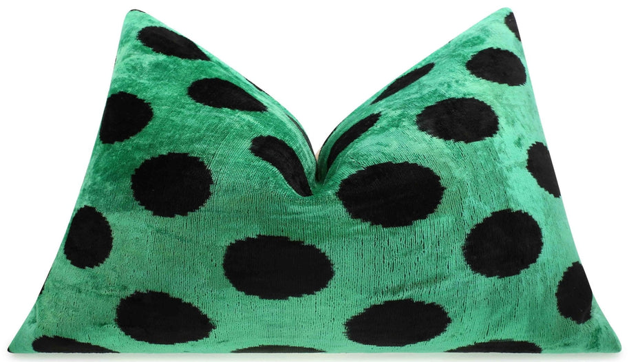 Handmade Velvet Lumbar Pillow In Green And Black Polka Dot Design - High-Quality 16x24 Inch Decorative Accent With Premium Down Feather Insert