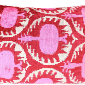 Handmade Velvet Lumbar Pillow In Red And Pink Ikat Floral Design - High-Quality 16x24 Inch Decorative Accent With Premium Down Feather Insert