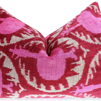 Handmade Velvet Lumbar Pillow In Red And Pink Ikat Floral Design - High-Quality 16x24 Inch Decorative Accent With Premium Down Feather Insert