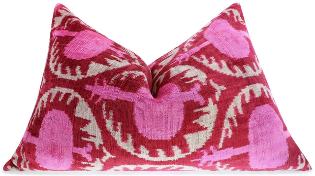 Handmade Velvet Lumbar Pillow In Red And Pink Ikat Floral Design - High-Quality 16x24 Inch Decorative Accent With Premium Down Feather Insert