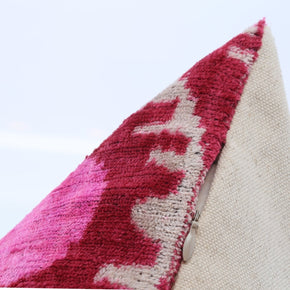 Handmade Velvet Lumbar Pillow In Red And Pink Ikat Floral Design - High-Quality 16x24 Inch Decorative Accent With Premium Down Feather Insert