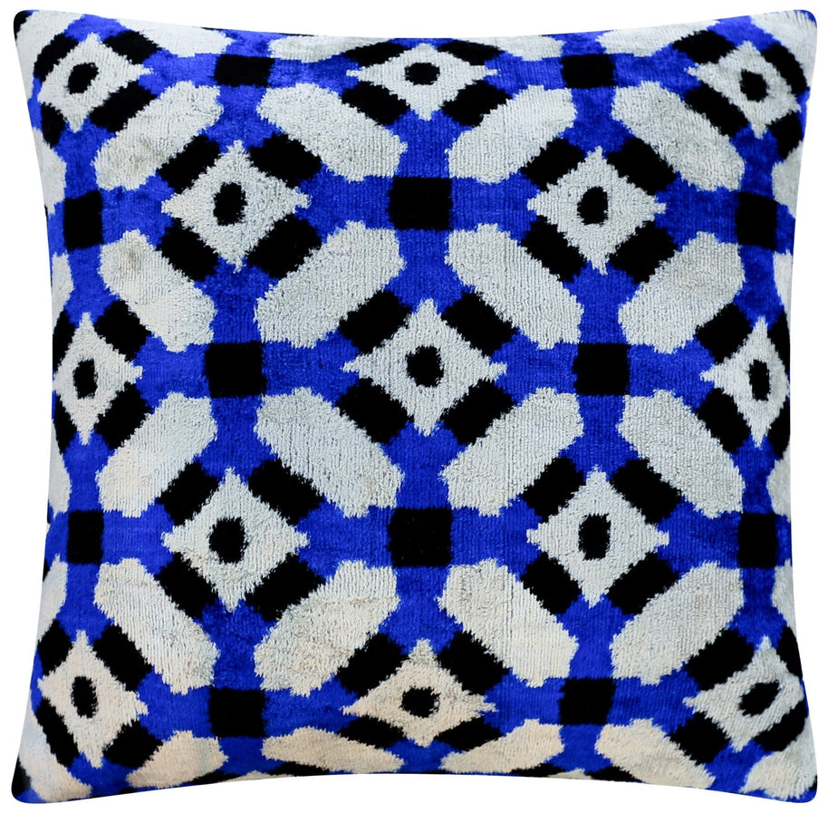 Handmade Velvet Throw Pillow With Blue And Black Geometric Design - High-Quality 20x20 Inch Decorative Accent With Premium Down Feather Insert