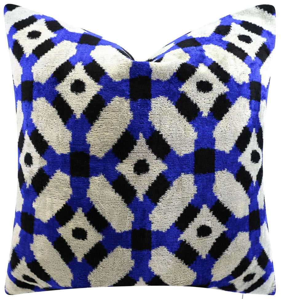 Handmade Velvet Throw Pillow With Blue And Black Geometric Design - High-Quality 20x20 Inch Decorative Accent With Premium Down Feather Insert