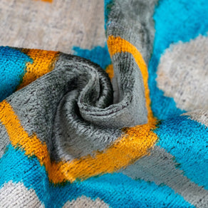 Handmade Velvet Throw Pillow With Blue, Yellow, And Gray Geometric Design - High-Quality 20x20 Inch Decorative Accent With Premium Down Feather Insert For Sofas, Couches, And Interior Design