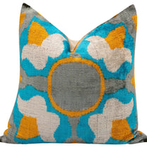 Handmade Velvet Throw Pillow With Blue, Yellow, And Gray Geometric Design - High-Quality 20x20 Inch Decorative Accent With Premium Down Feather Insert For Sofas, Couches, And Interior Design