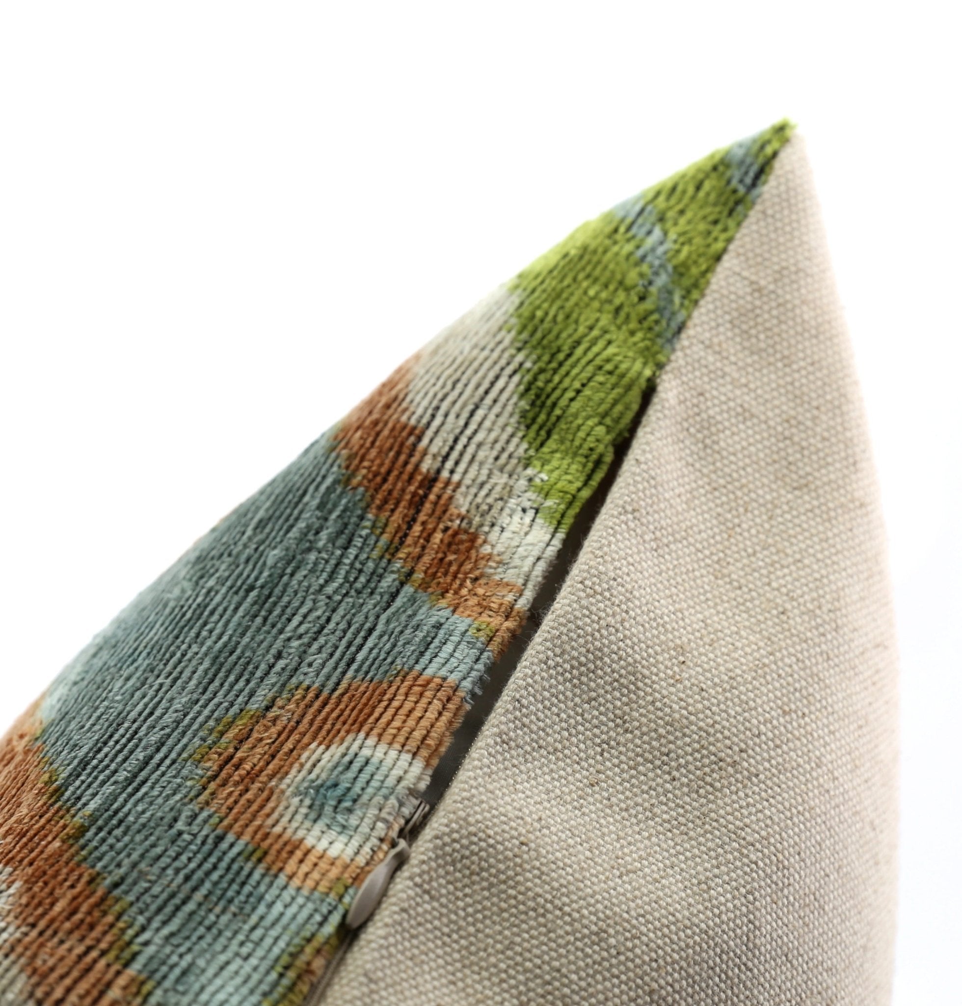 Handmade Velvet Throw Pillow With Green And Blue Geometric Ikat Design - High-Quality 20x20 Inch Decorative Accent With Premium Down Feather Insert