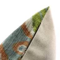 Handmade Velvet Throw Pillow With Green And Blue Geometric Ikat Design - High-Quality 20x20 Inch Decorative Accent With Premium Down Feather Insert