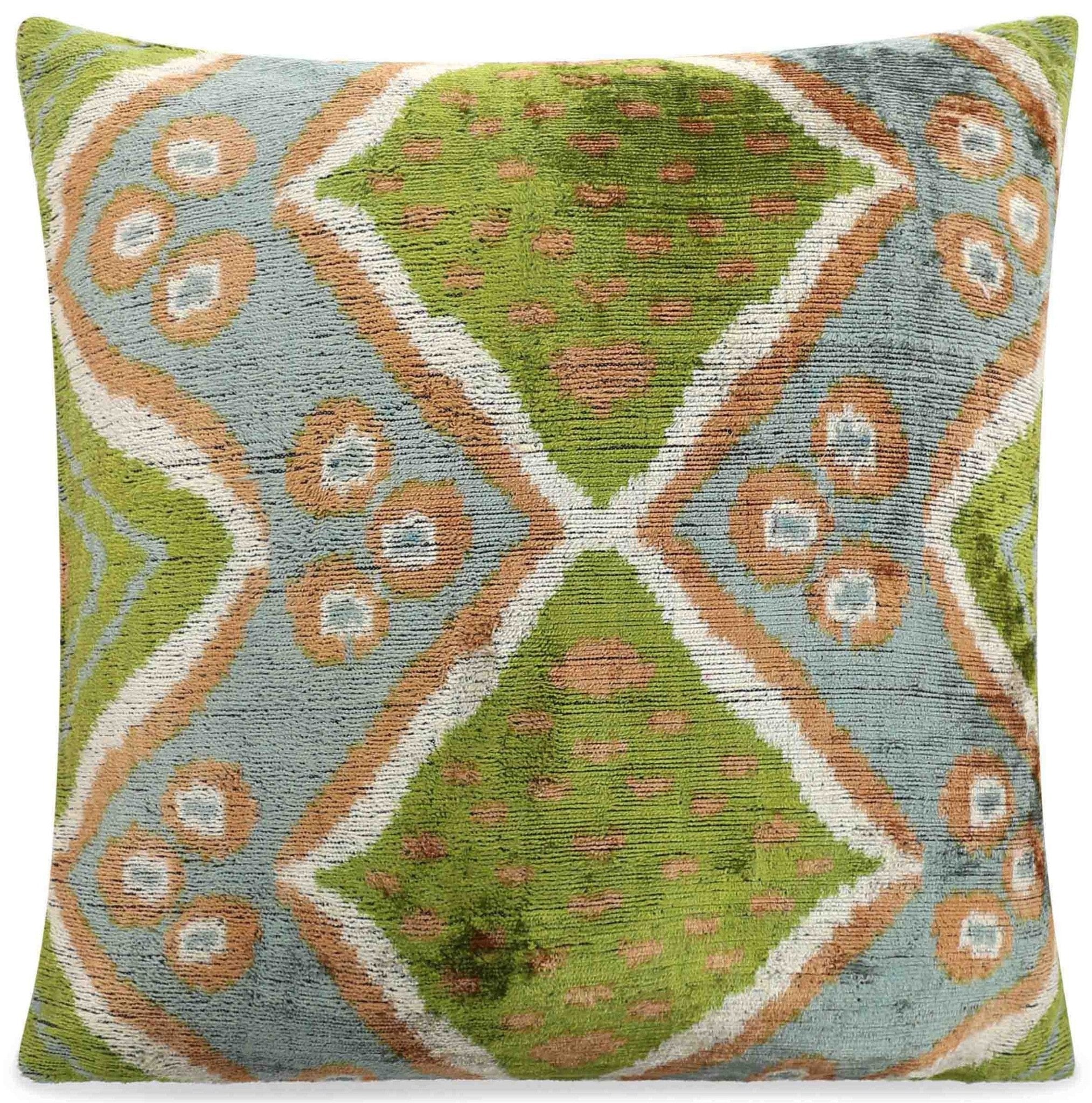 Handmade Velvet Throw Pillow With Green And Blue Geometric Ikat Design - High-Quality 20x20 Inch Decorative Accent With Premium Down Feather Insert