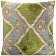 Handmade Velvet Throw Pillow With Green And Blue Geometric Ikat Design - High-Quality 20x20 Inch Decorative Accent With Premium Down Feather Insert