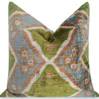 Handmade Velvet Throw Pillow With Green And Blue Geometric Ikat Design - High-Quality 20x20 Inch Decorative Accent With Premium Down Feather Insert