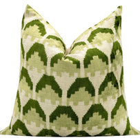 Handmade Velvet Throw Pillow With Green And Cream Geometric Design - High-Quality 20x20 Inch Decorative Accent With Premium Down Feather Insert