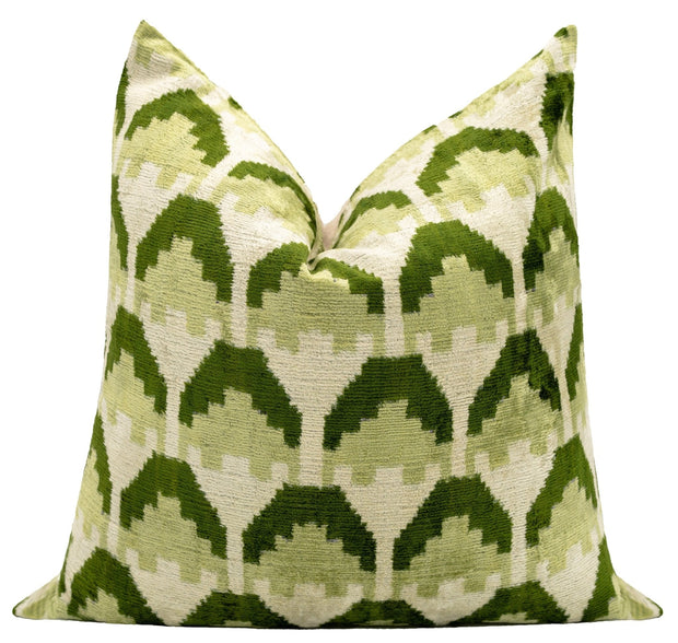Handmade Velvet Throw Pillow With Green And Cream Geometric Design - High-Quality 20x20 Inch Decorative Accent With Premium Down Feather Insert