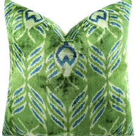 Handmade Velvet Throw Pillow With Green And Teal Ikat Design - High-Quality 20x20 Inch Decorative Accent With Premium Down Feather Insert